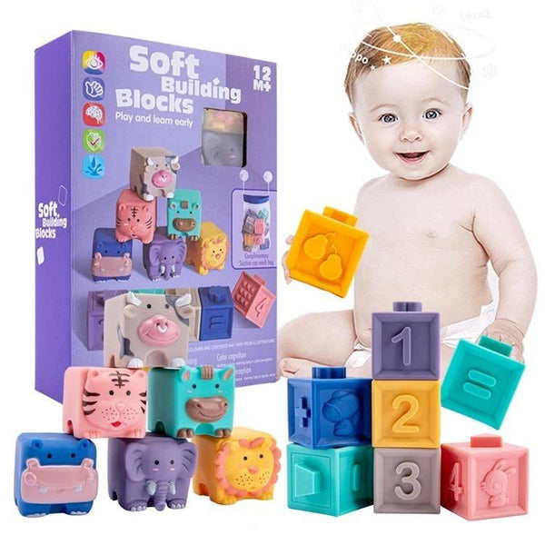 3D Touch 12 Pcs Soft Baby Teether Sensory Chew Building Blocks Toy Set - Helaya